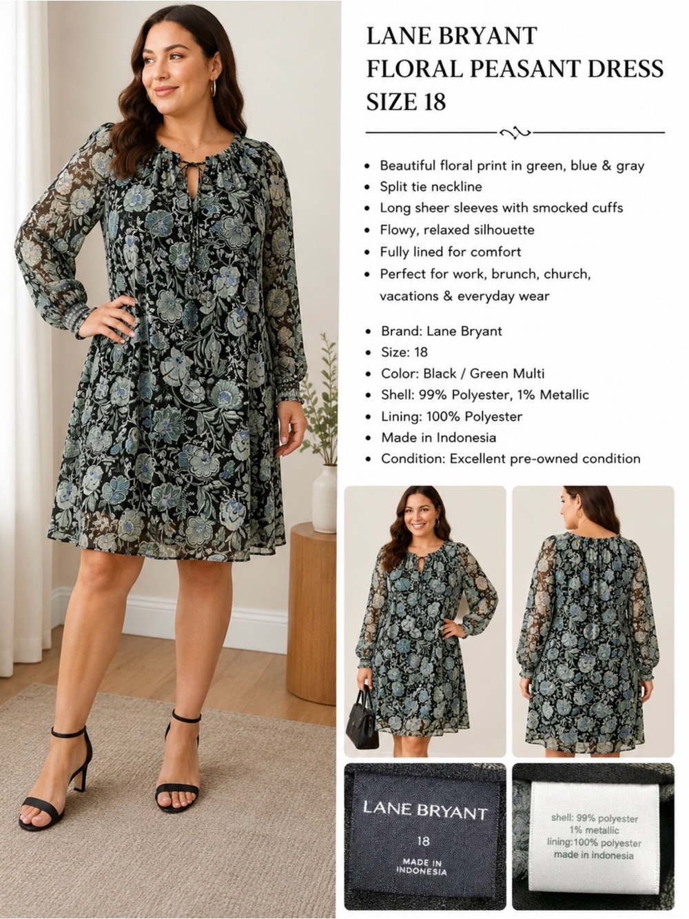 Lane Bryant Floral Long Sleeve Peasant Dress Size 18 Black Green